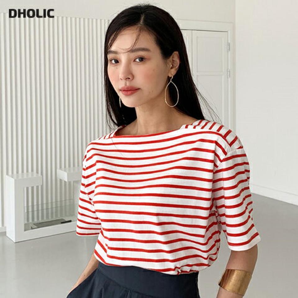 【10%OFF】ボートネックボーダーTシャツ・全3色・t72387 レディース 【tops】トップス Tシャツ 半袖 柄 模様 ボーダー ボートネック 綿 コットン ルーズフィット 楽ちん ラフ 春 夏 カジュアル 可愛い かわいい 爽やか 赤 韓国ファッション ハイホリHIHOLLI 半Tセール