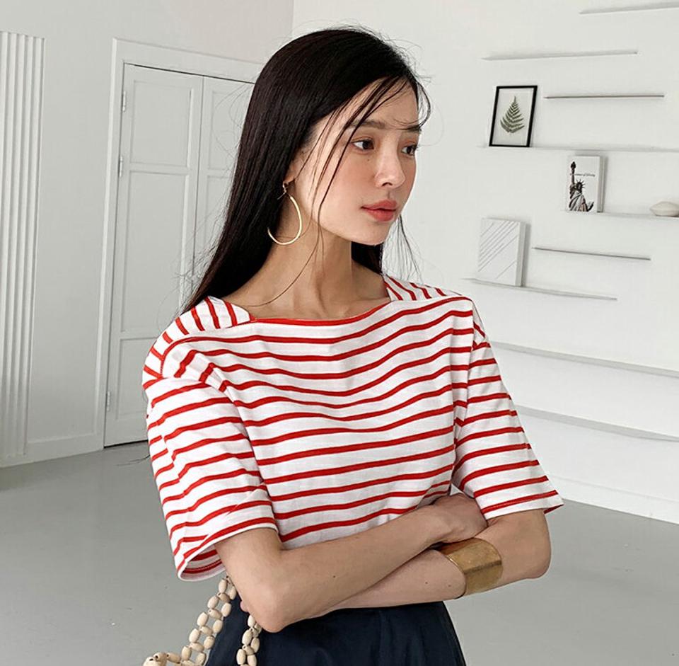 【10%OFF】ボートネックボーダーTシャツ・全3色・t72387 レディース 【tops】トップス Tシャツ 半袖 柄 模様 ボーダー ボートネック 綿 コットン ルーズフィット 楽ちん ラフ 春 夏 カジュアル 可愛い かわいい 爽やか 赤 韓国ファッション ハイホリHIHOLLI 半Tセール