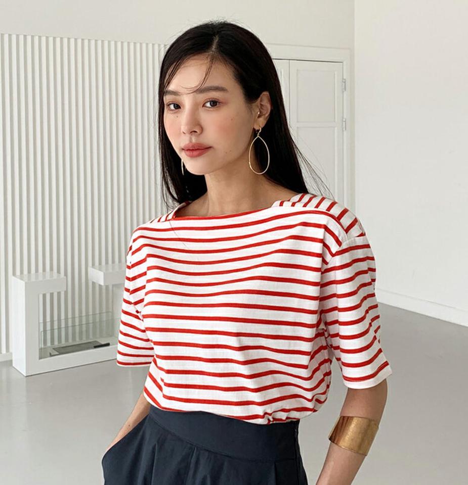 【10%OFF】ボートネックボーダーTシャツ・全3色・t72387 レディース 【tops】トップス Tシャツ 半袖 柄 模様 ボーダー ボートネック 綿 コットン ルーズフィット 楽ちん ラフ 春 夏 カジュアル 可愛い かわいい 爽やか 赤 韓国ファッション ハイホリHIHOLLI 半Tセール