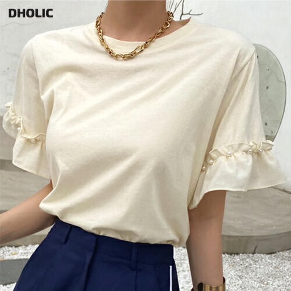 フェイクパールフリルTシャツ・全2色・b72386 レディース 【tops】トップス Tシャツ 単色 無地 シンプル ベーシック 半袖 二の腕カバー パステル 体型カバー フリル 春 夏 フェミニン ガーリー かわいい 可愛い 韓国ファッション ハイホリHIHOLLI