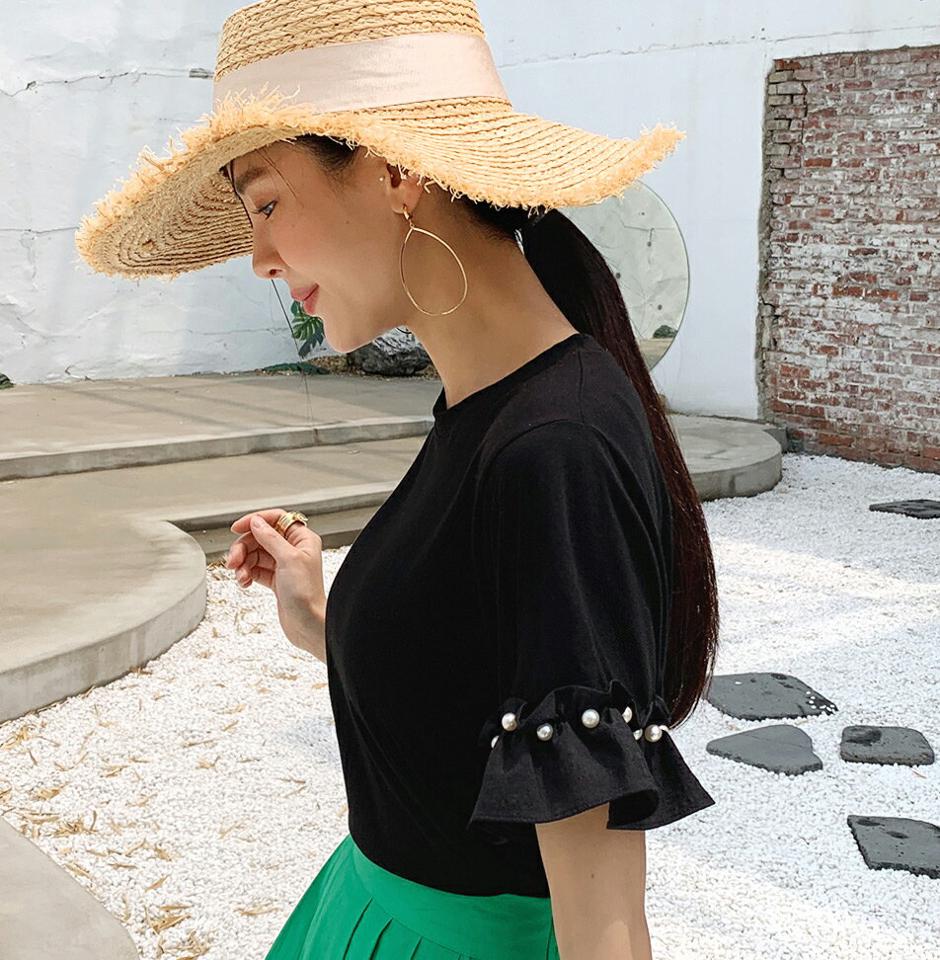 フェイクパールフリルTシャツ・全2色・b72386 レディース 【tops】トップス Tシャツ 単色 無地 シンプル ベーシック 半袖 二の腕カバー パステル 体型カバー フリル 春 夏 フェミニン ガーリー かわいい 可愛い 韓国ファッション ハイホリHIHOLLI