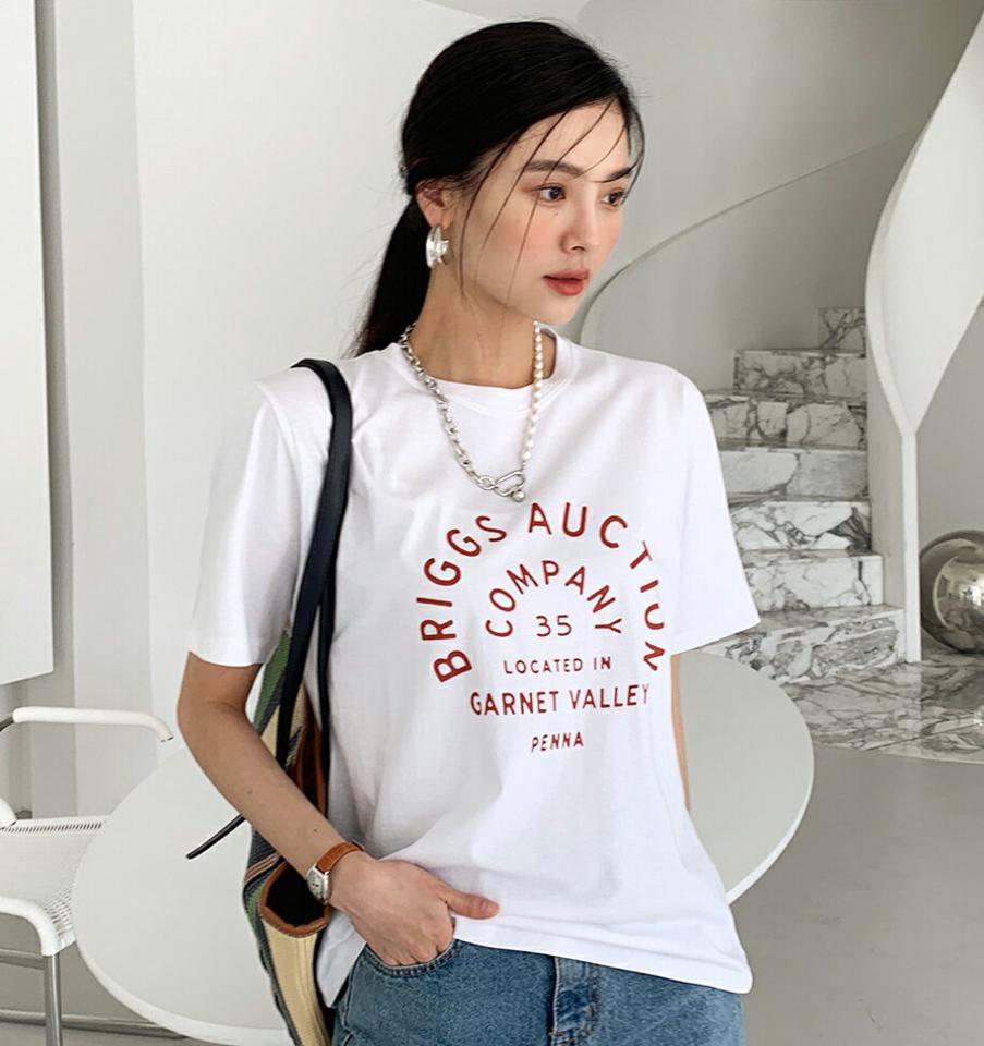 レタリングカラーTシャツ・全3色・t72385 レディース 【tops】トップス 半袖 Tシャツ 柄 模様 ロゴ ロゴT ラフ レタリング パステル 綿 コットン シンプル ベーシック 春 夏 黄色 フェイクパール 韓国ファッション ハイホリHIHOLLI