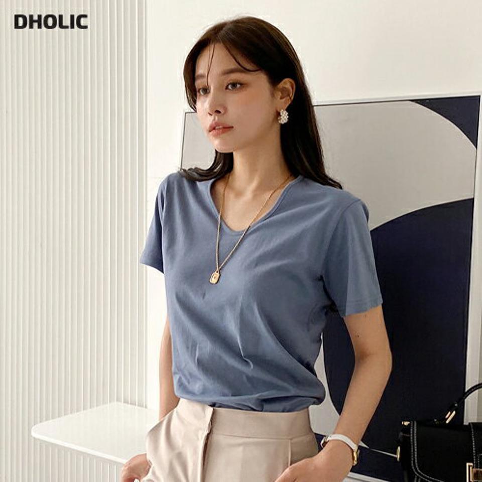 VネックTシャツ・全6色・t72421 レディース 【tops】トップス Tシャツ 半袖 単色 無地 シンプル ベーシック Vネック 鎖骨 デコルテ 綿 コットン ロング丈 春 夏 カジュアル 大人っぽ カラーアイテム 青 韓国ファッション ハイホリHIHOLLI