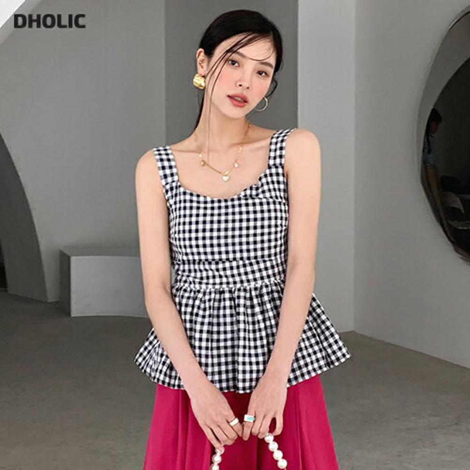 ギンガムチェックカップノースリーブ・全2色・b72459 レディース 【tops】トップス ノースリーブ カップ内蔵 スリーブレス 柄 模様 チェック ギンガムチェック ペプラム Vネック 春 夏 フェミニン お腹カバー 韓国ファッション ハイホリHIHOLLI