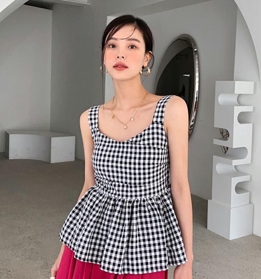 ギンガムチェックカップノースリーブ・全2色・b72459 レディース 【tops】トップス ノースリーブ カップ内蔵 スリーブレス 柄 模様 チェック ギンガムチェック ペプラム Vネック 春 夏 フェミニン お腹カバー 韓国ファッション ハイホリHIHOLLI