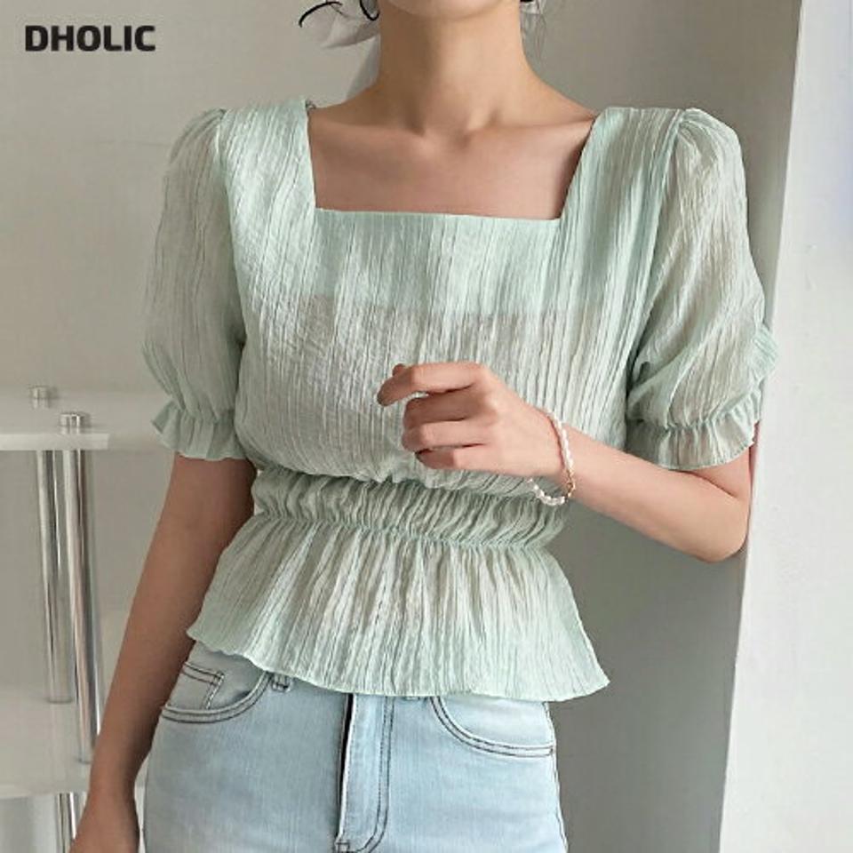 スクエアネックペプラムブラウス・全4色・t00709 レディース 【bl】トップス ブラウス 半袖 スクエアネック デコルテ 鎖骨 ペプラムトップス シャーリング パフ袖 パフスリーブ リンクル ウエストゴム 緑 春 夏 韓国ファッション