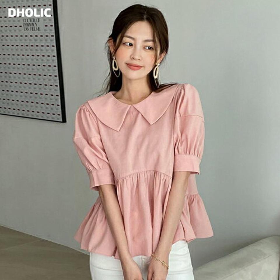 【10%OFF】カラーペプラムブラウス・全4色・b00716 レディース 【bl】トップス ブラウス 半袖 ハーフスリーブ ペプラムトップス 襟コン 無地 シンプル フェミニン ギャザー パフ袖 パフスリーブ ガーリー パステル ピンク お腹カバー 春 夏 韓国ファッション blsセール