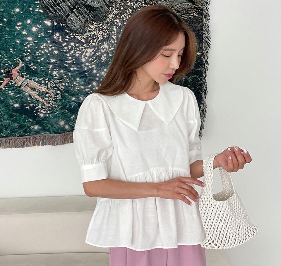 【10%OFF】カラーペプラムブラウス・全4色・b00716 レディース 【bl】トップス ブラウス 半袖 ハーフスリーブ ペプラムトップス 襟コン 無地 シンプル フェミニン ギャザー パフ袖 パフスリーブ ガーリー パステル ピンク お腹カバー 春 夏 韓国ファッション blsセール