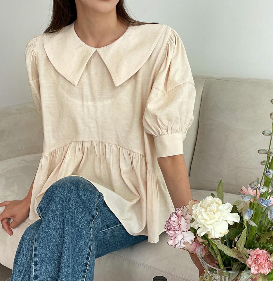 【10%OFF】カラーペプラムブラウス・全4色・b00716 レディース 【bl】トップス ブラウス 半袖 ハーフスリーブ ペプラムトップス 襟コン 無地 シンプル フェミニン ギャザー パフ袖 パフスリーブ ガーリー パステル ピンク お腹カバー 春 夏 韓国ファッション blsセール