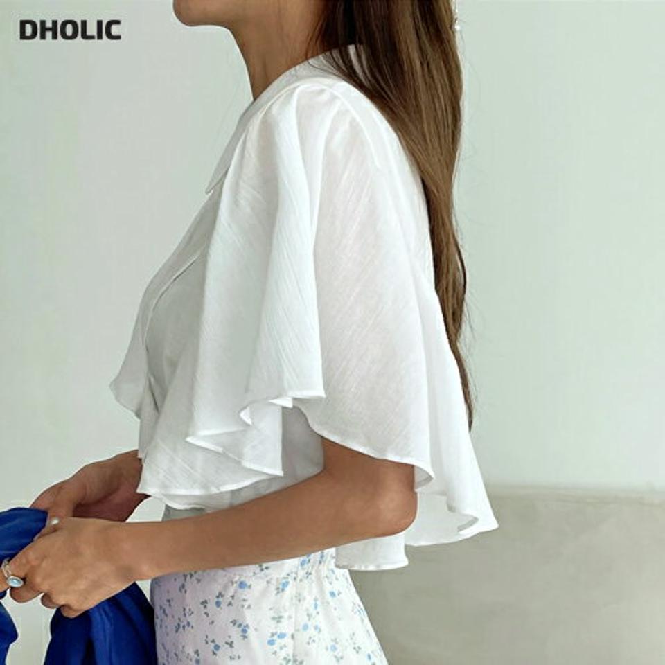 【10%OFF】タックラッフルカラーブラウス・全2色・b00735 レディース 【bl】トップス ブラウス 半袖 ハーフスリーブ 二の腕カバー 袖コン ラッフル フリル タック 大人 上品 きれいめ 白 ホワイト 襟 春 夏 韓国ファッション セール SALE