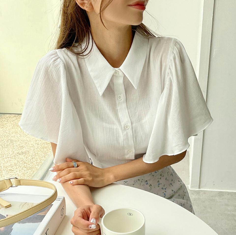 【10%OFF】タックラッフルカラーブラウス・全2色・b00735 レディース 【bl】トップス ブラウス 半袖 ハーフスリーブ 二の腕カバー 袖コン ラッフル フリル タック 大人 上品 きれいめ 白 ホワイト 襟 春 夏 韓国ファッション セール SALE