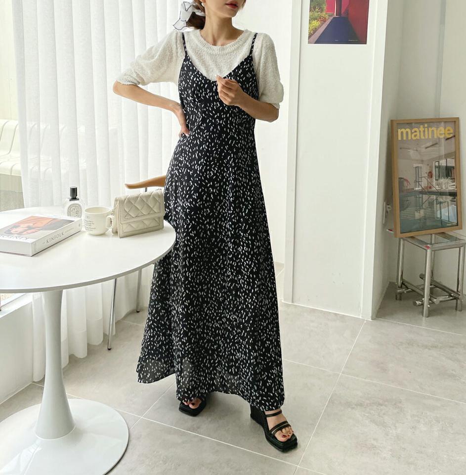 パターンビスチェワンピース・全2色・b00734 レディース 【ops】ワンピース ロング丈 ロングワンピース スリーブレス ノースリーブ キャミソール 総柄 レイヤード フレア Vネック ギャザー 春 夏 韓国ファッション