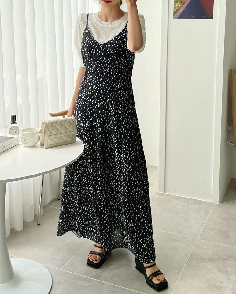 パターンビスチェワンピース・全2色・b00734 レディース 【ops】ワンピース ロング丈 ロングワンピース スリーブレス ノースリーブ キャミソール 総柄 レイヤード フレア Vネック ギャザー 春 夏 韓国ファッション