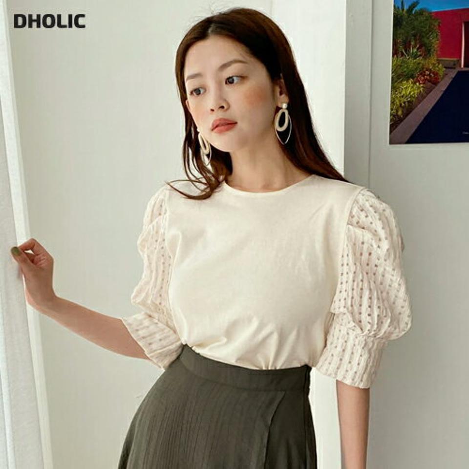 パンチングパフスリーブTシャツ・全3色・t00703 レディース 【tops】トップス Tシャツ 七分袖 七分丈 7分袖 7分丈 袖コン パンチング パフ袖 パフスリーブ 大人 かわいい ラウンドネック 異素材 透け感 シアー シースルー 春 夏 韓国ファッション