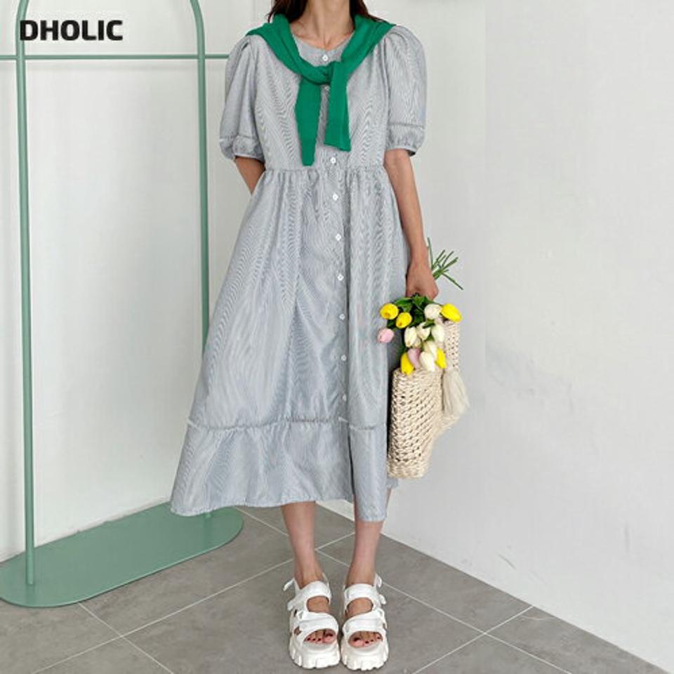 2WAYストライプパフワンピース・全2色・b00696 レディース 【ops】ワンピース ロング丈 ロングワンピース 半袖 ミディ丈 パフ袖 パフスリーブ ストライプ柄 ガーリー かわいい 可愛い 大人 レース 春 夏 韓国ファッション