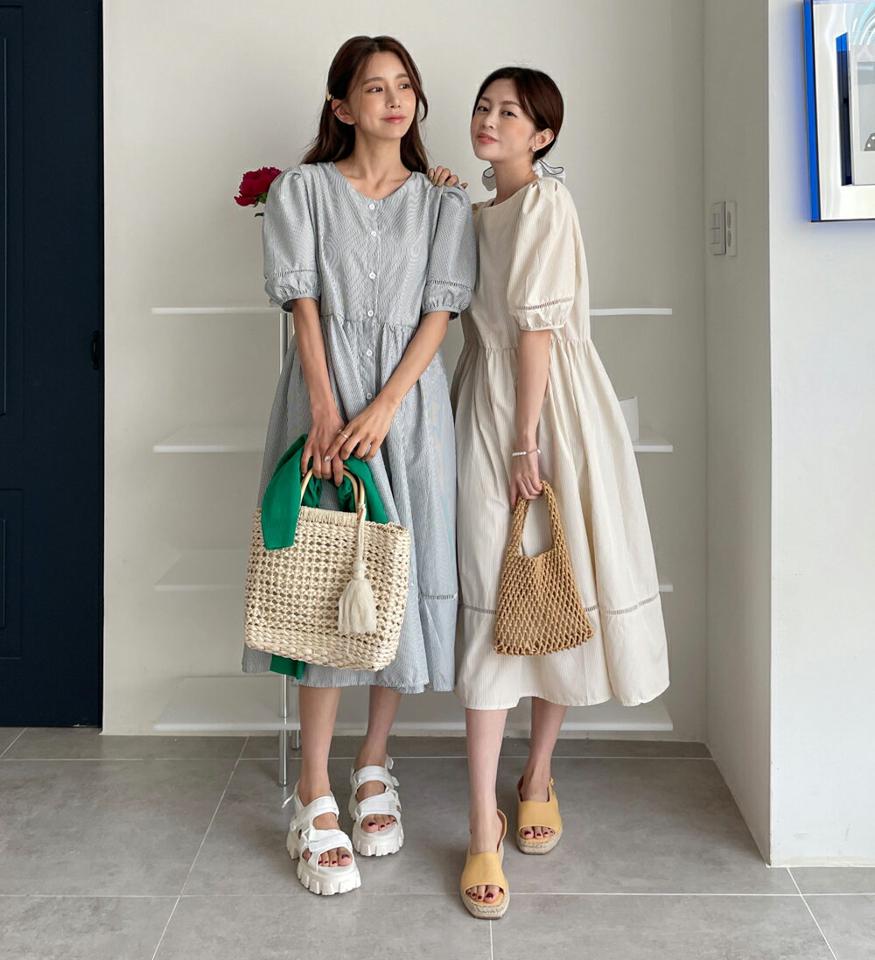2WAYストライプパフワンピース・全2色・b00696 レディース 【ops】ワンピース ロング丈 ロングワンピース 半袖 ミディ丈 パフ袖 パフスリーブ ストライプ柄 ガーリー かわいい 可愛い 大人 レース 春 夏 韓国ファッション