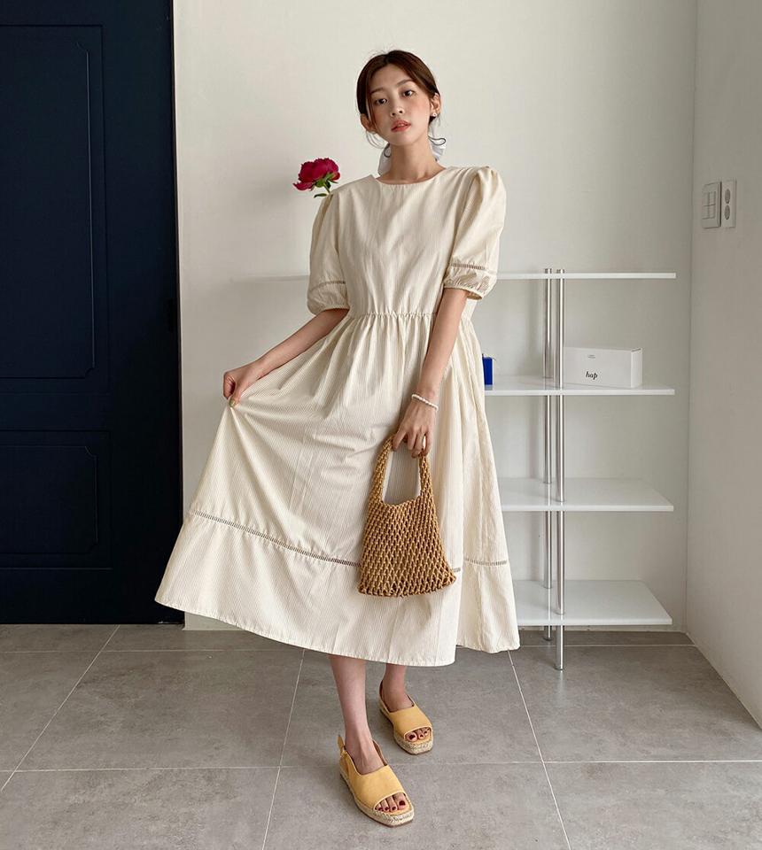 2WAYストライプパフワンピース・全2色・b00696 レディース 【ops】ワンピース ロング丈 ロングワンピース 半袖 ミディ丈 パフ袖 パフスリーブ ストライプ柄 ガーリー かわいい 可愛い 大人 レース 春 夏 韓国ファッション