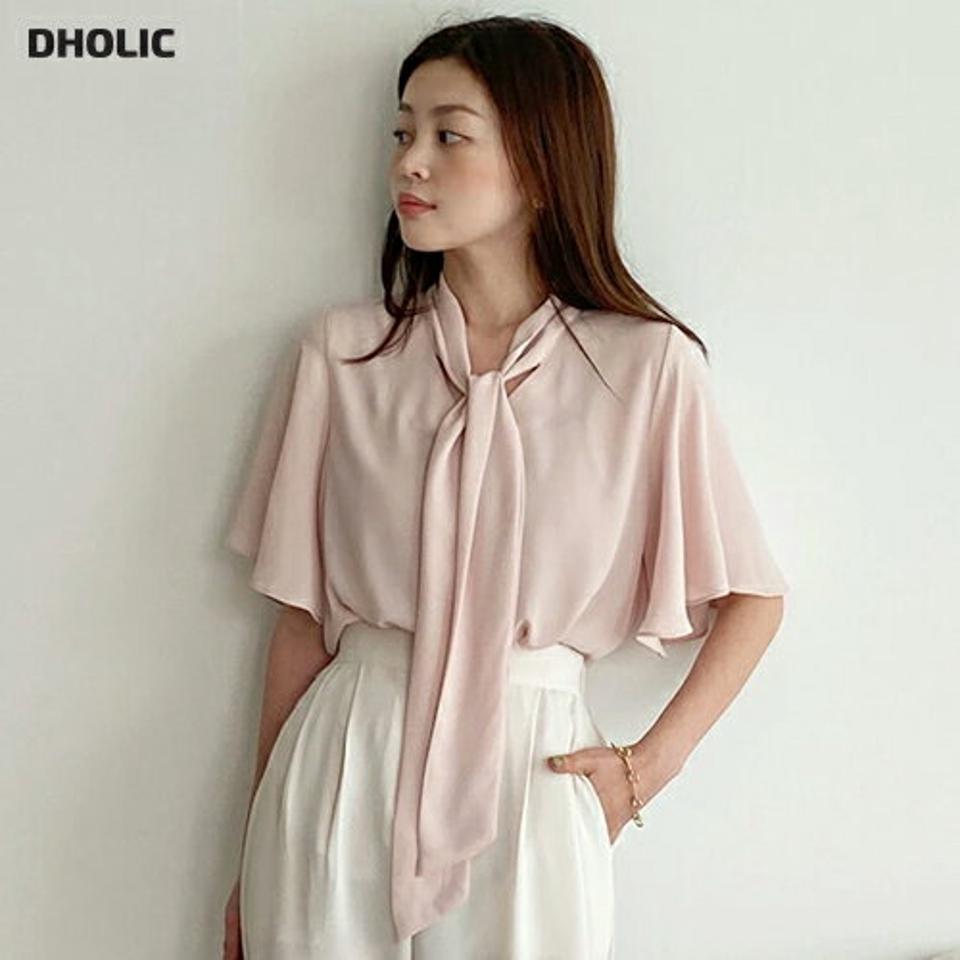 リボンフレアスリーブブラウス・全4色・b00705 レディース 【bl】トップス ブラウス 半袖 ハーフスリーブ 二の腕カバー 襟コン ボウタイ りぼん フレア パステル ピンク オフィスカジュアル 大人 きれいめ シフォン 春 夏 韓国ファッション