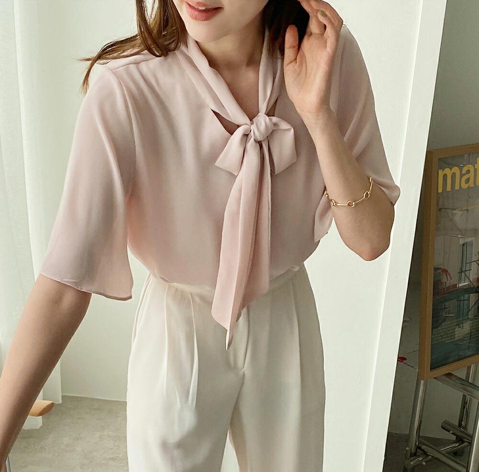 リボンフレアスリーブブラウス・全4色・b00705 レディース 【bl】トップス ブラウス 半袖 ハーフスリーブ 二の腕カバー 襟コン ボウタイ りぼん フレア パステル ピンク オフィスカジュアル 大人 きれいめ シフォン 春 夏 韓国ファッション