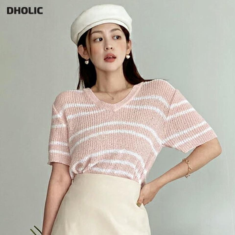 ボーダーVネックニット・全4色・t00713 レディース 【tops】トップス ニット 半袖 ハーフスリーブ ボーダー柄 Vネック シンプル カジュアル ラフ クロップド丈 ピンク 春 夏 韓国ファッション