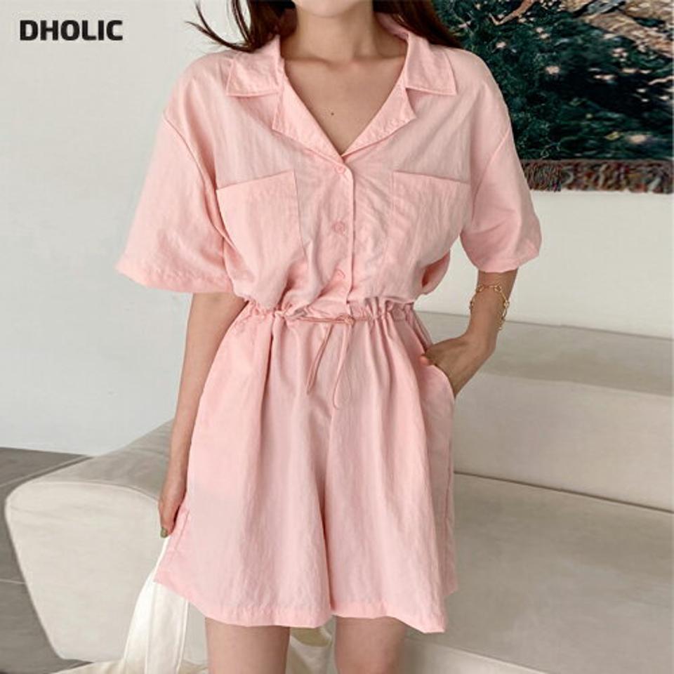 ショートシャツオールインワン・全3色・t00698 レディース 【pt】オールインワン パンツ ズボン ショートパンツ 短パン シャツ ハーフスリーブ 半袖 単色 無地 シンプル 開襟 大人 カジュアル ラフ ピンク パステル 春 夏 韓国ファッション