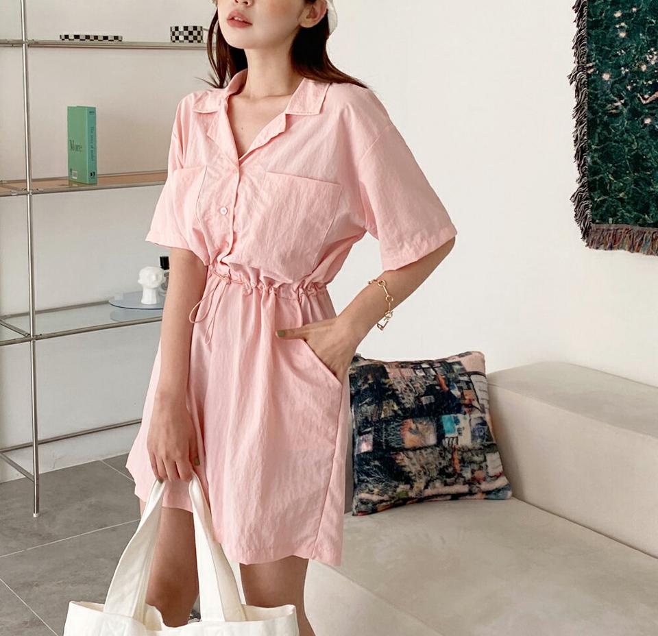 ショートシャツオールインワン・全3色・t00698 レディース 【pt】オールインワン パンツ ズボン ショートパンツ 短パン シャツ ハーフスリーブ 半袖 単色 無地 シンプル 開襟 大人 カジュアル ラフ ピンク パステル 春 夏 韓国ファッション