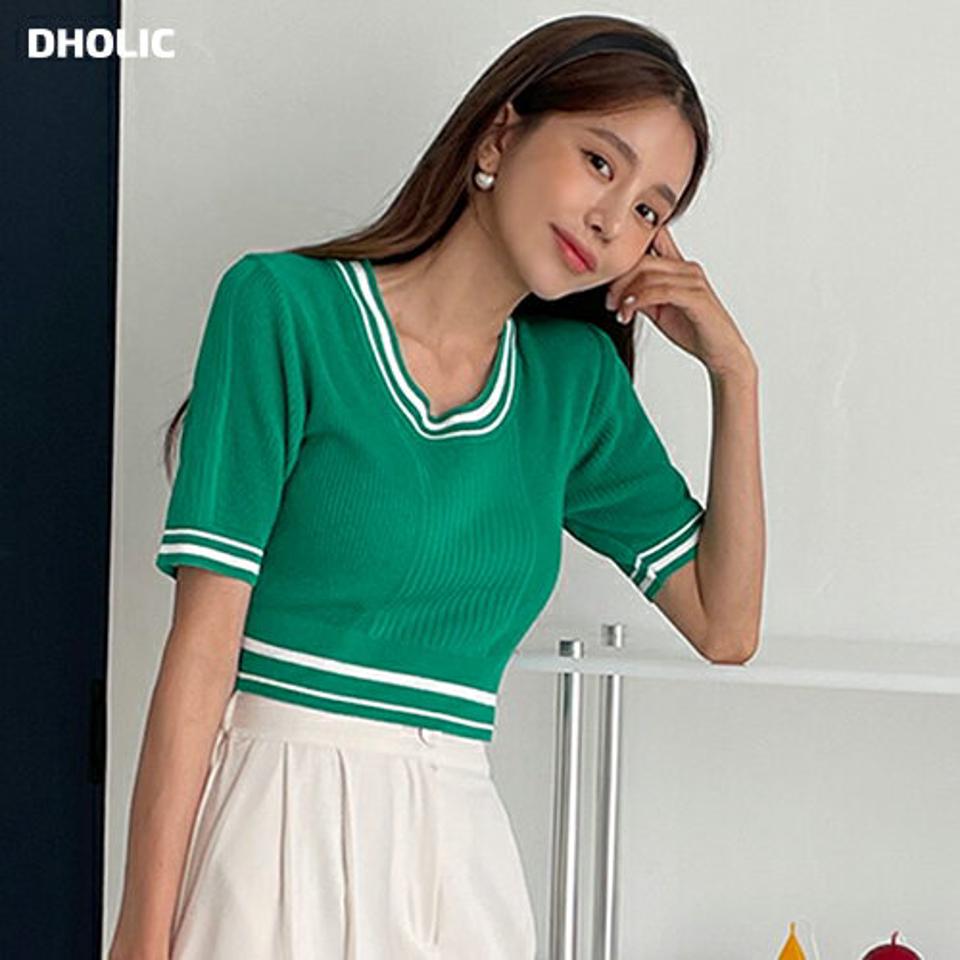 配色ラインクロップドニット・全6色・t00712 レディース 【tops】トップス ニット 半袖 配色 ライン クロップド丈 Uネック カジュアル ラフ 大人 緑 グリーン 春 夏 韓国ファッション