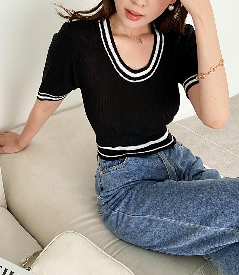 配色ラインクロップドニット・全6色・t00712 レディース 【tops】トップス ニット 半袖 配色 ライン クロップド丈 Uネック カジュアル ラフ 大人 緑 グリーン 春 夏 韓国ファッション