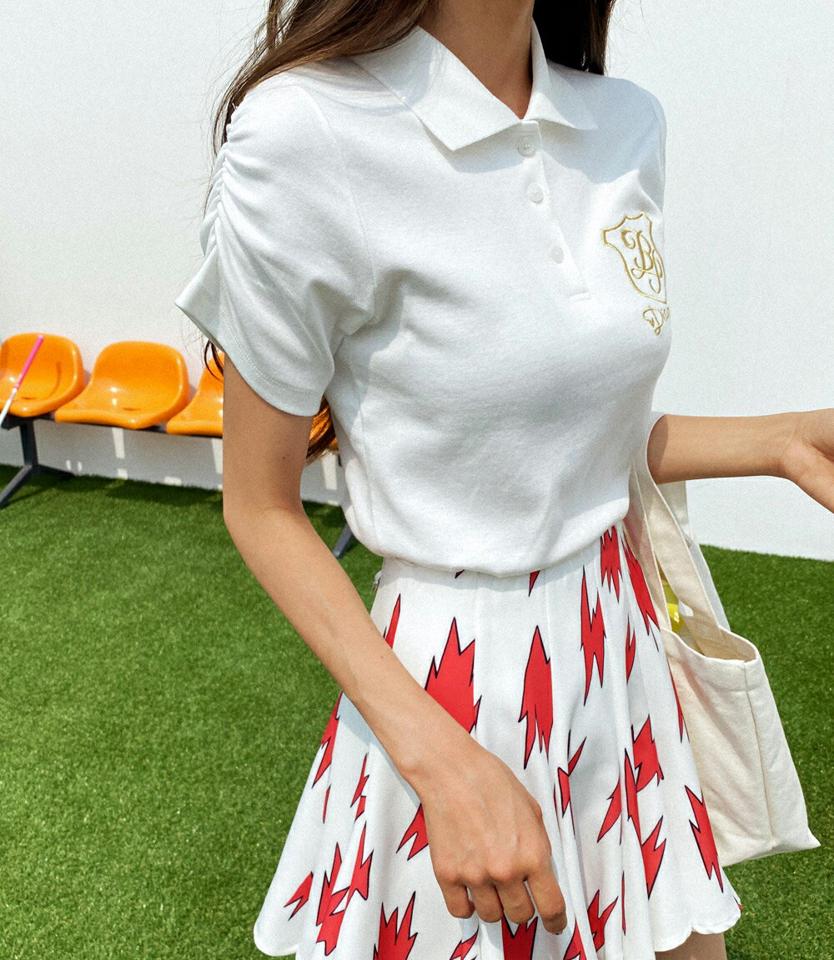 刺繍ロゴシャーリングポロカラーTシャツ・全3色・b02366 レディース 【tops】トップス Tシャツ ポロシャツ ポロ襟 ワンポイント シャーリング ロゴ 刺繍 シンプル 大人 春 夏 韓国ファッション GOLFWEAR ゴルフウェア