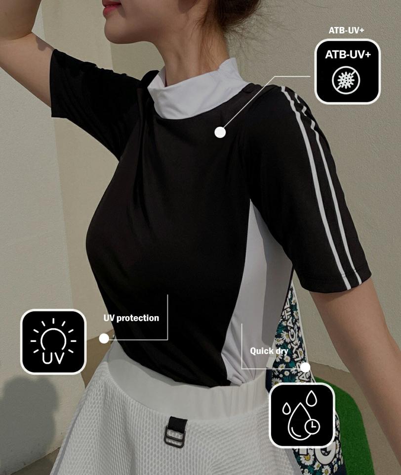 配色ストレッチTシャツ・全2色・02324 レディース 【tops】トップス Tシャツ 半袖 ライン 配色 サイドライン ストレッチ 運動 スポーツ テニス ハーフネック バイカラー カジュアル 春 夏 韓国ファッション GOLFWEAR ゴルフウェア