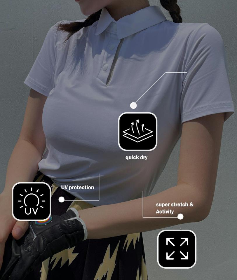 スナップボタンストレッチポロカラーTシャツ・全3色・b02326 レディース 【tops】トップス Tシャツ ポロシャツ ポロ襟 半袖 ボタン 単色 無地 シンプル ベーシック カジュアル スリム 春 夏 韓国ファッション GOLFWEAR ゴルフウェア