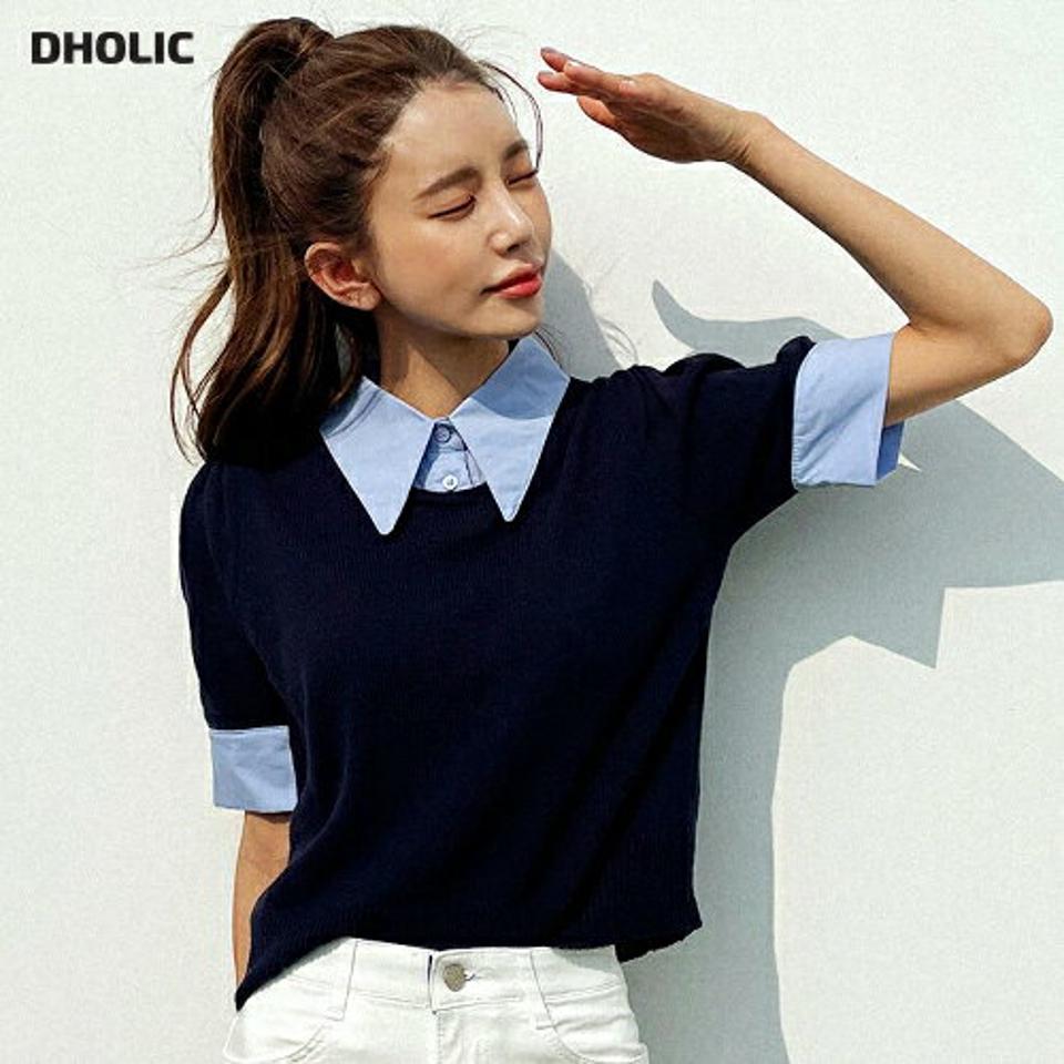 シャツレイヤードパフニット・全4色・t02330 レディース 【tops】トップス ニット 半袖 シャツ レイヤード風 異素材ミックス パフ袖 パフスリーブ ユニーク 大人 クロップド丈 春 夏 韓国ファッション GOLFWEAR ゴルフウェア