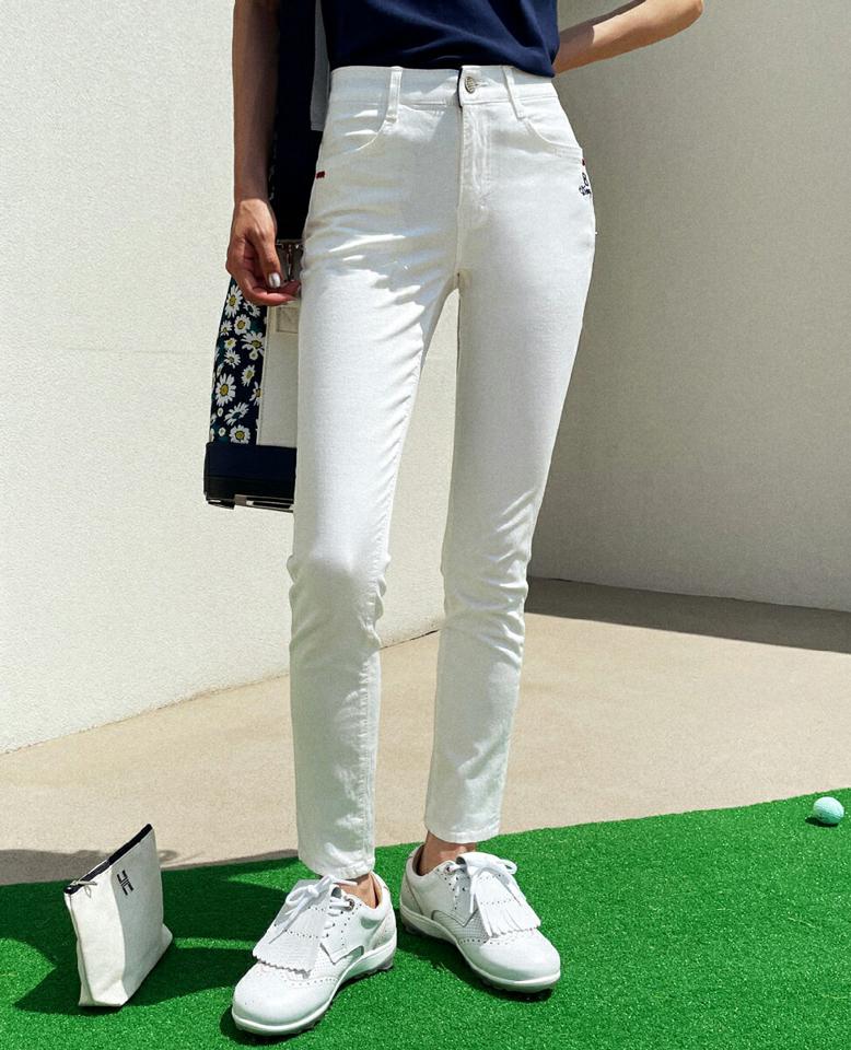 ストレッチ刺繍パンツ・全3色・b02348 レディース 【pt】パンツ ズボン ロングパンツ 長ズボン 刺繍 ストレッチ シンプル 単色 無地 カジュアル ベルトループ ストレート 大人 タイト フィット 春 夏 秋 韓国ファッション GOLFWEAR ゴルフウェア