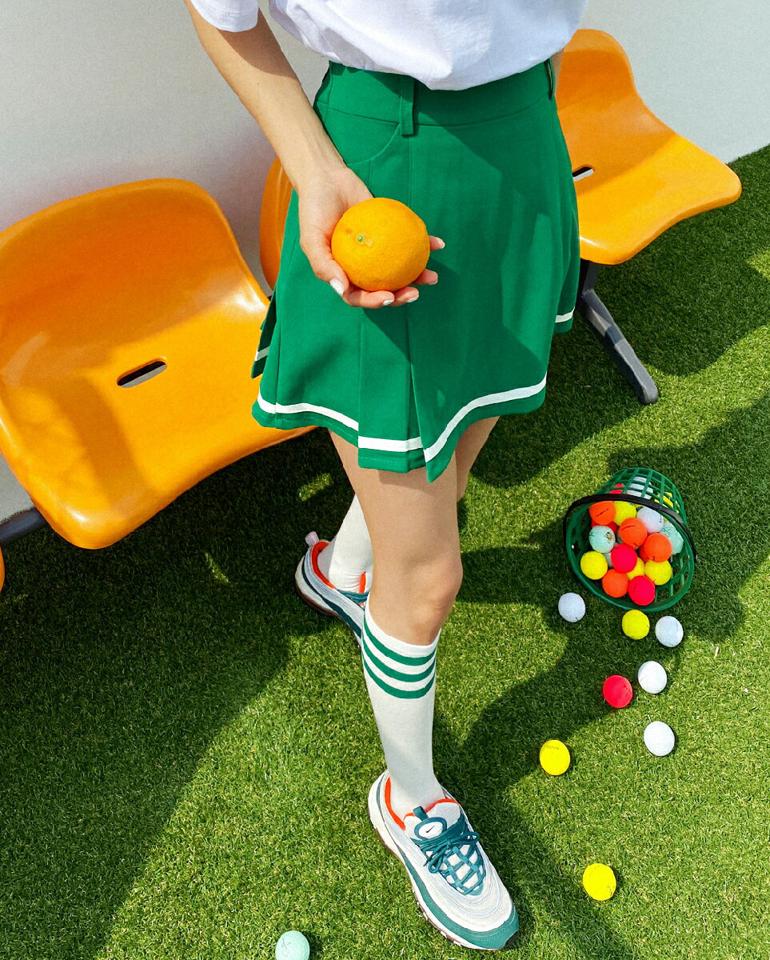 パンツ裏地タック配色ラインスカート・全4色・b02342 レディース 【sk】スカート ミニスカート ショート丈 キュロット パンツ ズボン プリーツ 配色 スポーティー カジュアル 衣装 フレア y2k 緑 グリーン 春 夏 韓国ファッション GOLFWEAR ゴルフウェア