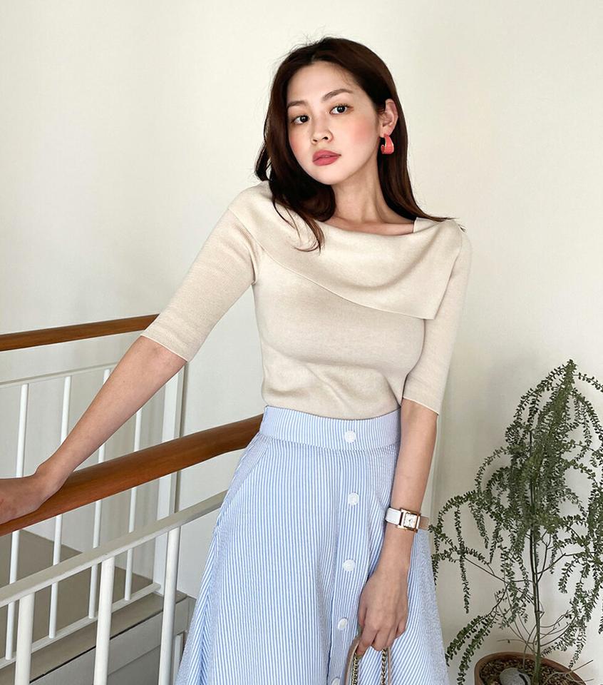 【マラソン特価】≪人気商品再入荷≫アンバランスネックニット・全3色・b67160 レディース 【tops】トップス ニット 半袖 ハーフスリーブ アンバランス 襟コン 単色 無地 大人 上品 きれいめ スクエアネック スリム タイト フェミニン 春 夏 韓国ファッション 年上 セール
