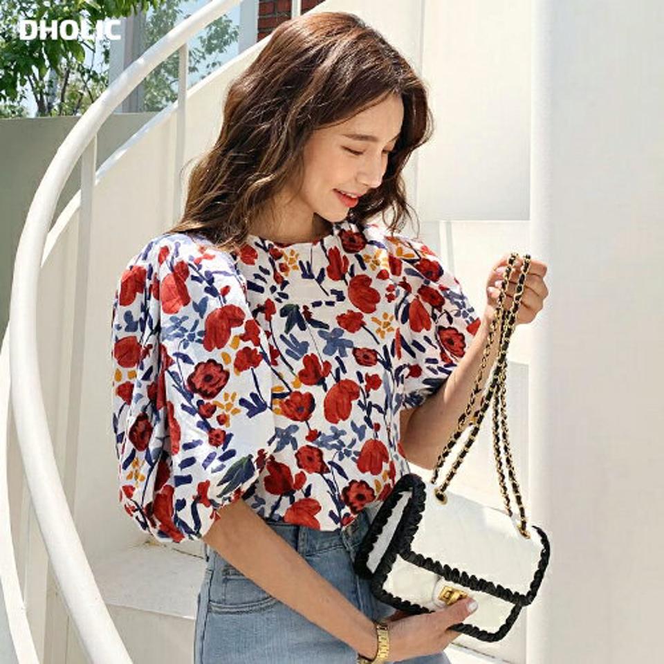 【10%OFF】花柄パフブラウス・全2色・b67158 レディース 【bl】トップス ブラウス 半袖 パフスリーブ パフ袖 花柄 派手 カラフル レトロ 肩パッド 袖コン ラウンドネック 春 夏 韓国ファッション セール SALE