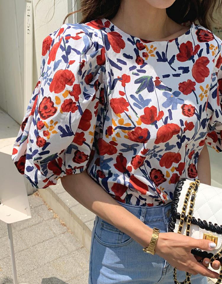 【10%OFF】花柄パフブラウス・全2色・b67158 レディース 【bl】トップス ブラウス 半袖 パフスリーブ パフ袖 花柄 派手 カラフル レトロ 肩パッド 袖コン ラウンドネック 春 夏 韓国ファッション セール SALE