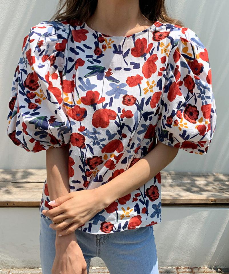 【10%OFF】花柄パフブラウス・全2色・b67158 レディース 【bl】トップス ブラウス 半袖 パフスリーブ パフ袖 花柄 派手 カラフル レトロ 肩パッド 袖コン ラウンドネック 春 夏 韓国ファッション セール SALE