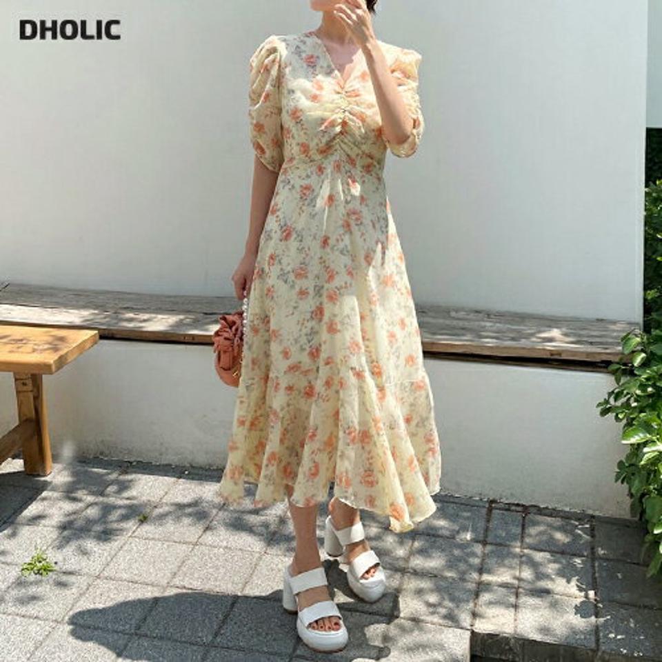 フラワーギャザーワンピース・全2色・b67171 レディース 【ops】ワンピース ロング丈 ロングワンピース 花柄 半袖 ハーフスリーブ パフ袖 パフスリーブ ギャザー フェミニン レトロ パステル 上品 きれいめ 大人 かわいい 黄色 春 夏 韓国ファッション