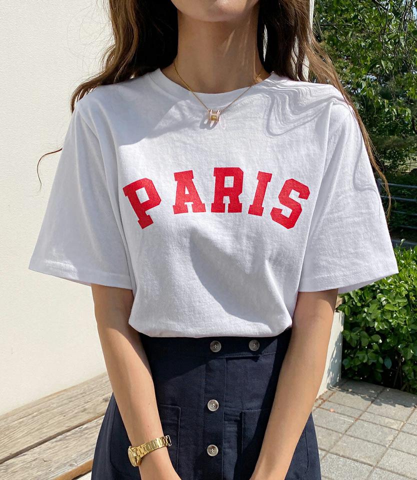 PARISロゴTシャツ・全3色・t67157 レディース 【tops】トップス Tシャツ 半袖 ハーフスリーブ ロゴT ロゴ シンプル カジュアル ラウンドネック ラフ レタリング コットン 綿 春 夏 韓国ファッション