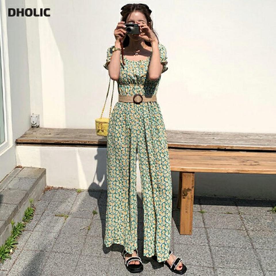 2WAY花柄シャーリングオールインワン・全2色・t67170 レディース 【pt】オールインワン パンツ ズボン ロングパンツ シャーリング 花柄 フェミニン 大人 半袖 かわいい オフショルダー 前後着用自由 緑 カーキ スクエアネック 春 夏 韓国ファッション