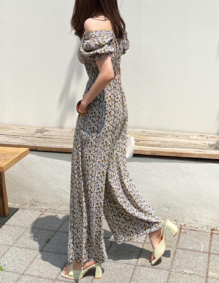 2WAY花柄シャーリングオールインワン・全2色・t67170 レディース 【pt】オールインワン パンツ ズボン ロングパンツ シャーリング 花柄 フェミニン 大人 半袖 かわいい オフショルダー 前後着用自由 緑 カーキ スクエアネック 春 夏 韓国ファッション