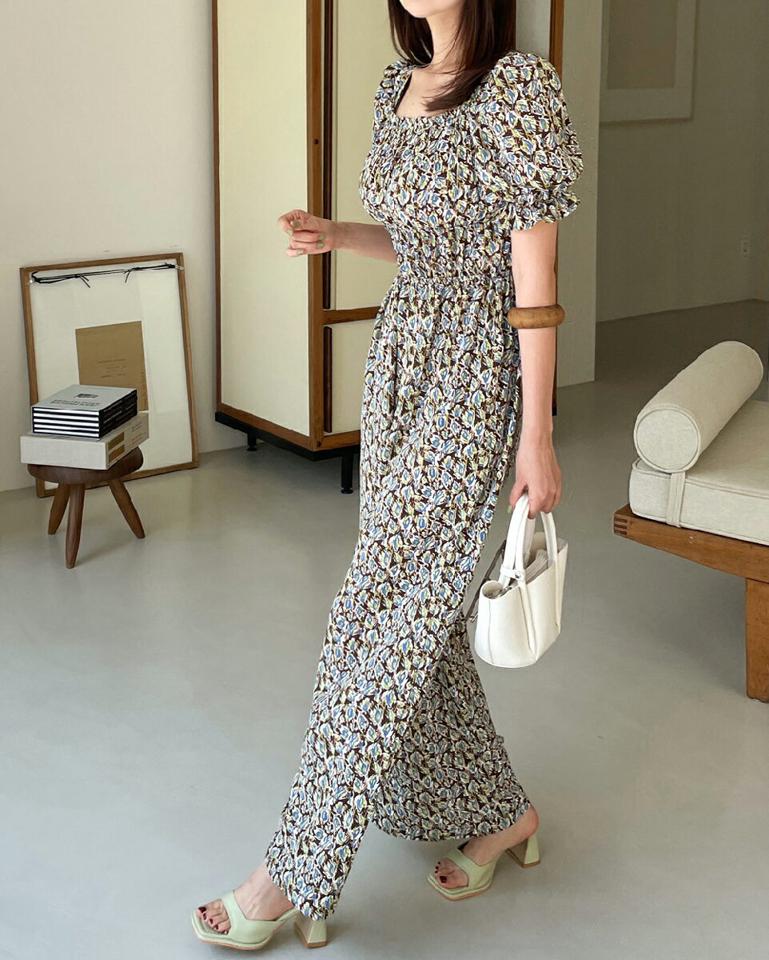 2WAY花柄シャーリングオールインワン・全2色・t67170 レディース 【pt】オールインワン パンツ ズボン ロングパンツ シャーリング 花柄 フェミニン 大人 半袖 かわいい オフショルダー 前後着用自由 緑 カーキ スクエアネック 春 夏 韓国ファッション