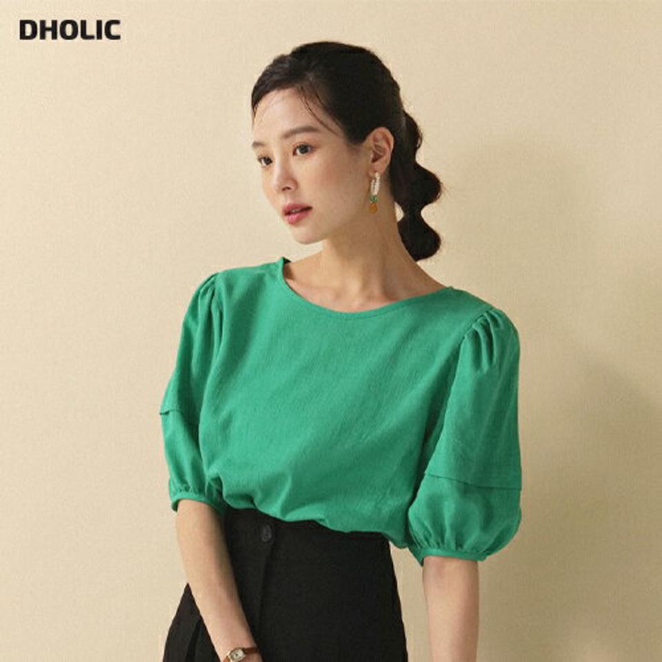 タックパフスリーブブラウス・全4色・e00325 レディース 【bl】ブラウス トップス 半袖 単色 無地 シンプル ベーシック タック 綿 パフ パステル オフィスカジュアル 二の腕カバー 春 夏 フェミニン 緑 韓国ファッション HIHOLLI