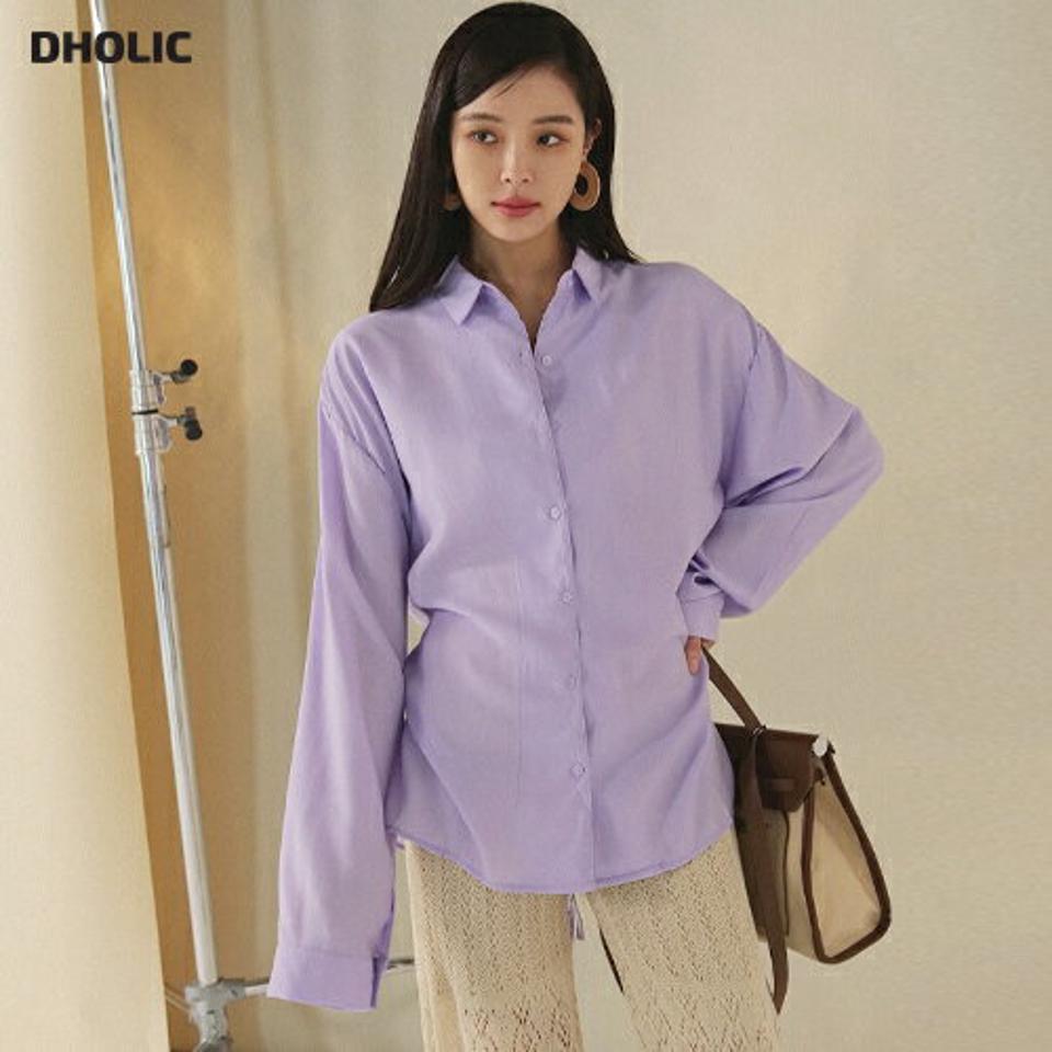 バックオープンリボンブラウス・全3色・t00328 レディース 【bl】ブラウス トップス シャツ 単色 ユニーク バックシャン シアー 光沢 長袖 ドロップショルダー フレア 襟 ボタン 春 夏 フェミニン 大人っぽ 韓国ファッション ハイホリHIHOLLI