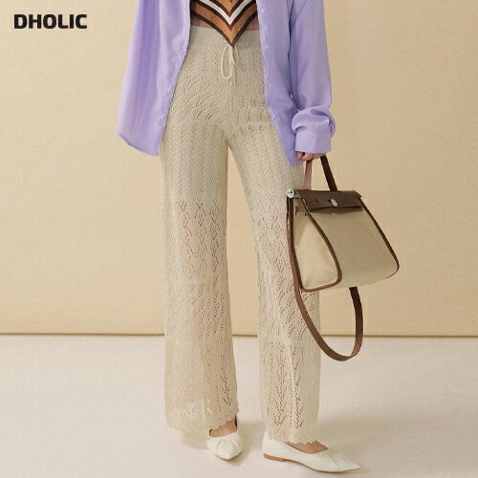 シアーニットパンツ・全2色・t00334 レディース 【pt】パンツ ロング丈 単色 柄 模様 シアー ニット 編み パンチング ハイウエスト ウエストゴム ストレート スカラップ 爽やか 春 夏 カジュアル 大人っぽ 年上 韓国ファッション ハイホリHIHOLLI