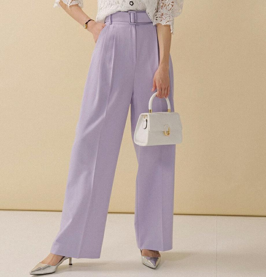 ベルト付ツーボタンスラックス・全3色・t00320 レディース 【pt】スラックス パンツ ロング丈 パステル 無地 シンプル ボタン 体型カバー ワイド 春 夏 フェミニン カラーパンツ 大人っぽ オフィスカジュアル 紫 韓国ファッション ハイホリHIHOLLI