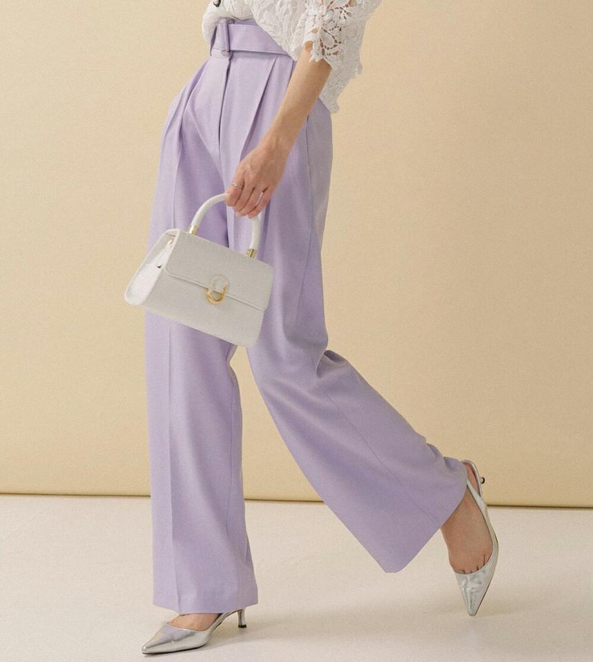 ベルト付ツーボタンスラックス・全3色・t00320 レディース 【pt】スラックス パンツ ロング丈 パステル 無地 シンプル ボタン 体型カバー ワイド 春 夏 フェミニン カラーパンツ 大人っぽ オフィスカジュアル 紫 韓国ファッション ハイホリHIHOLLI