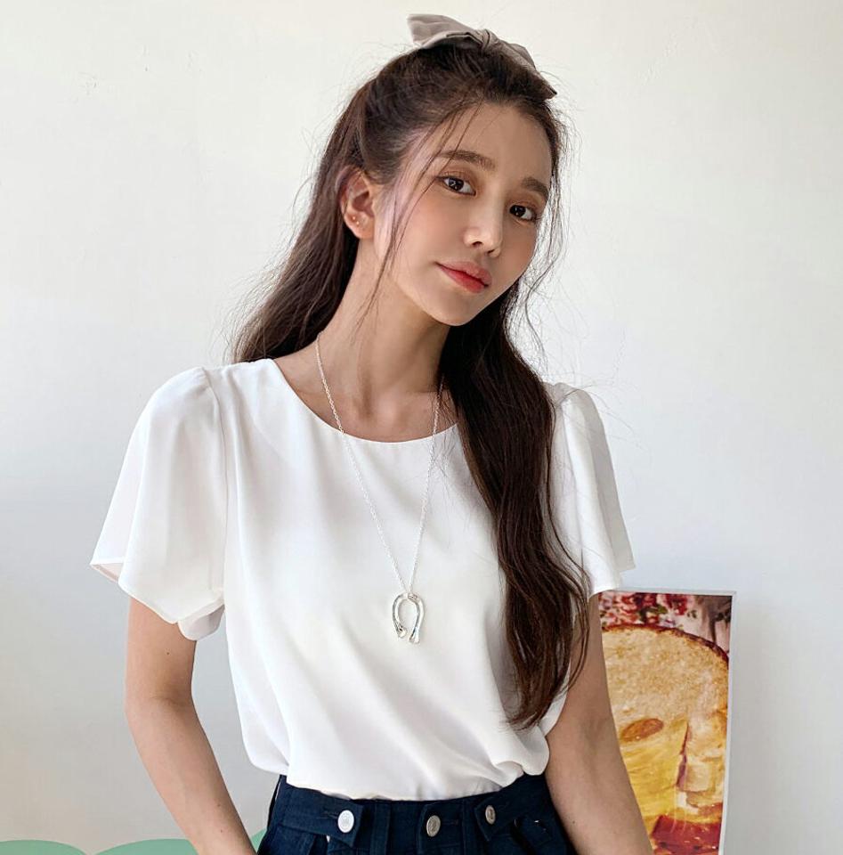 ラウンドフレアスリーブブラウス・全6色・b67126 レディース 【bl】トップス ブラウス 半袖 フレアスリーブ 袖コン フェミニン きれいめ ラウンドネック 単色 無地 シンプル 大人 オフィスカジュル 二の腕カバー シフォン 春 夏 韓国ファッション