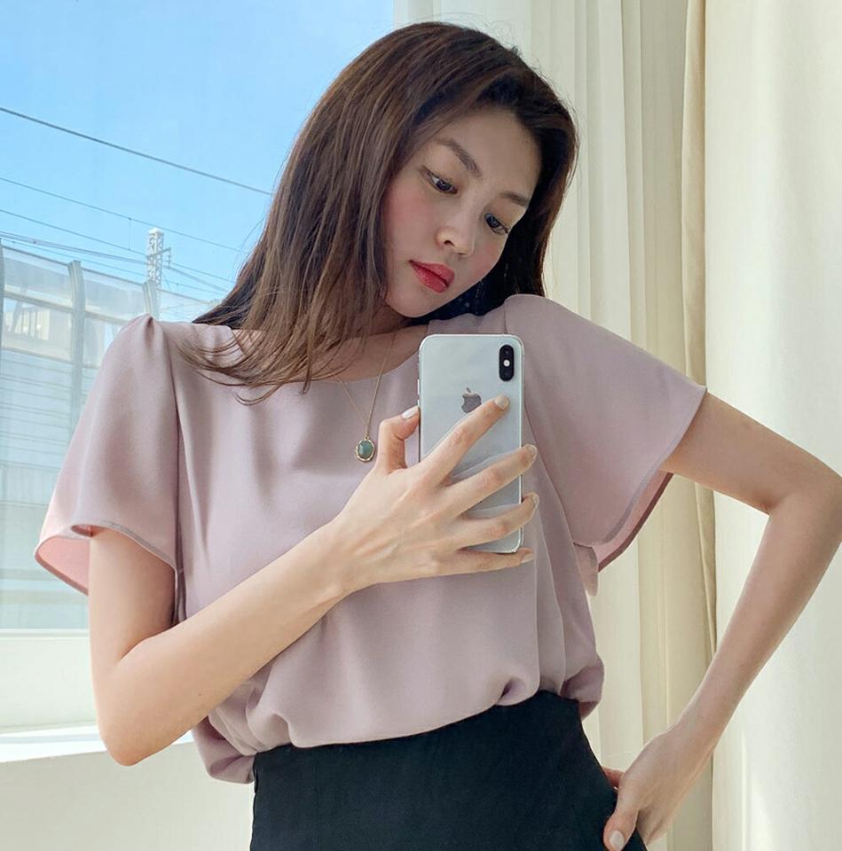 ラウンドフレアスリーブブラウス・全6色・b67126 レディース 【bl】トップス ブラウス 半袖 フレアスリーブ 袖コン フェミニン きれいめ ラウンドネック 単色 無地 シンプル 大人 オフィスカジュル 二の腕カバー シフォン 春 夏 韓国ファッション